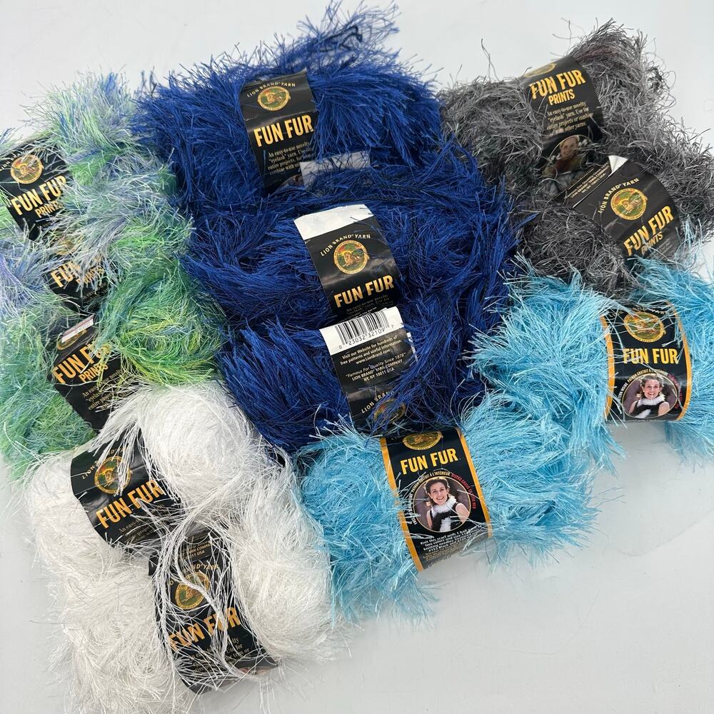 12 Lion Brand FUN FUR PRINTS Yarn Novelty Yarn Mixed Lot Eyelash Blue Gray White